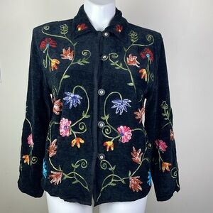 Button Front Velvety Textile Jacket Black Floral
